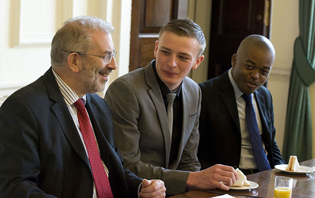 Sir Bob with Conor O'Connor and Kemet Hawthorn Pink, two Civil Service Fast Track Apprentices