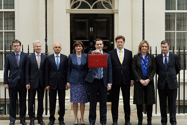 (left to right) Parliamentary Private Secretary to the Treasury Rob Wilson, Commercial Secretary to the Treasury Lord Deighton, Financial Secretary to the Treasury Sajid Javid, Economic Secretary to the Treasury Nicky Morgan, Chancellor the Exchequer George Osborne, Chief Secretary to the Treasury Danny Alexander, Parliamentary Private Secretary to the Chancellor of the Exchequer Amber Rudd and Exchequer Secretary to the Treasury David Gauke outside 11 Downing Street before the Chancellor headed to the House of Commons to deliver his annual Budget statement.